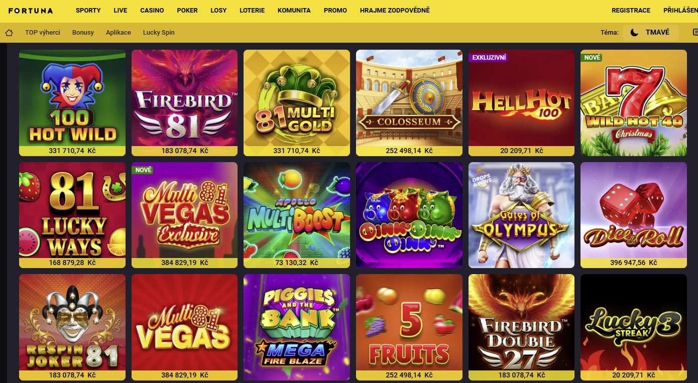 Ukázka herního lobby ve Fortuna Casino