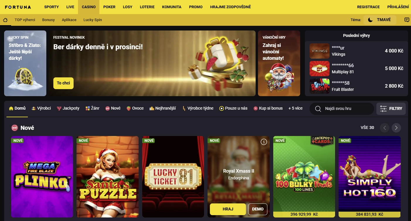 Hlavní stránka Fortuna Casino s klidným rozložením